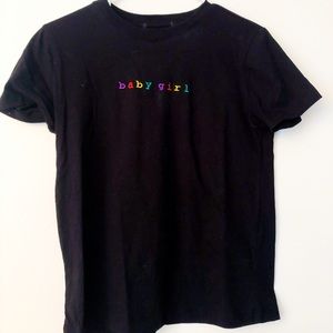 simple black tee with rainbow embroidery on front